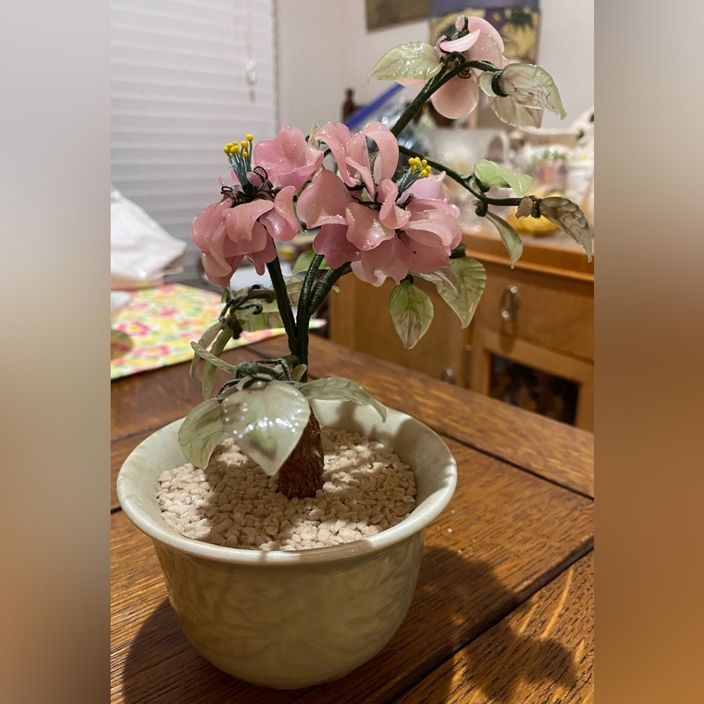 Vintage Green & Pink Bonsai Tree in Celadon Bowl. EC. MCM Hand Made 1960s China